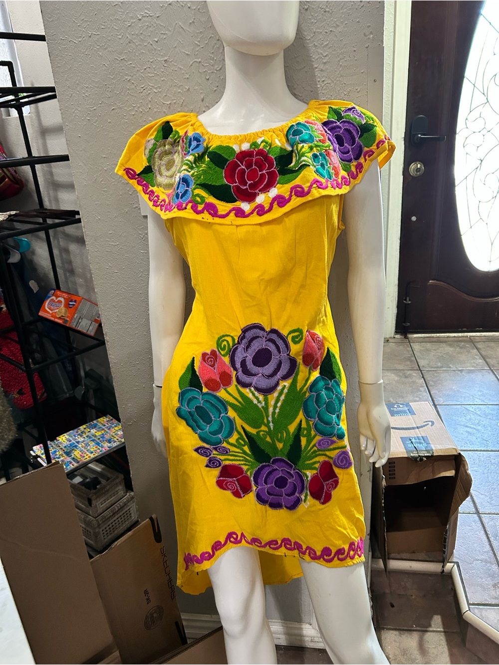 Yellow One-Shoulder Floral Embroidered Dress